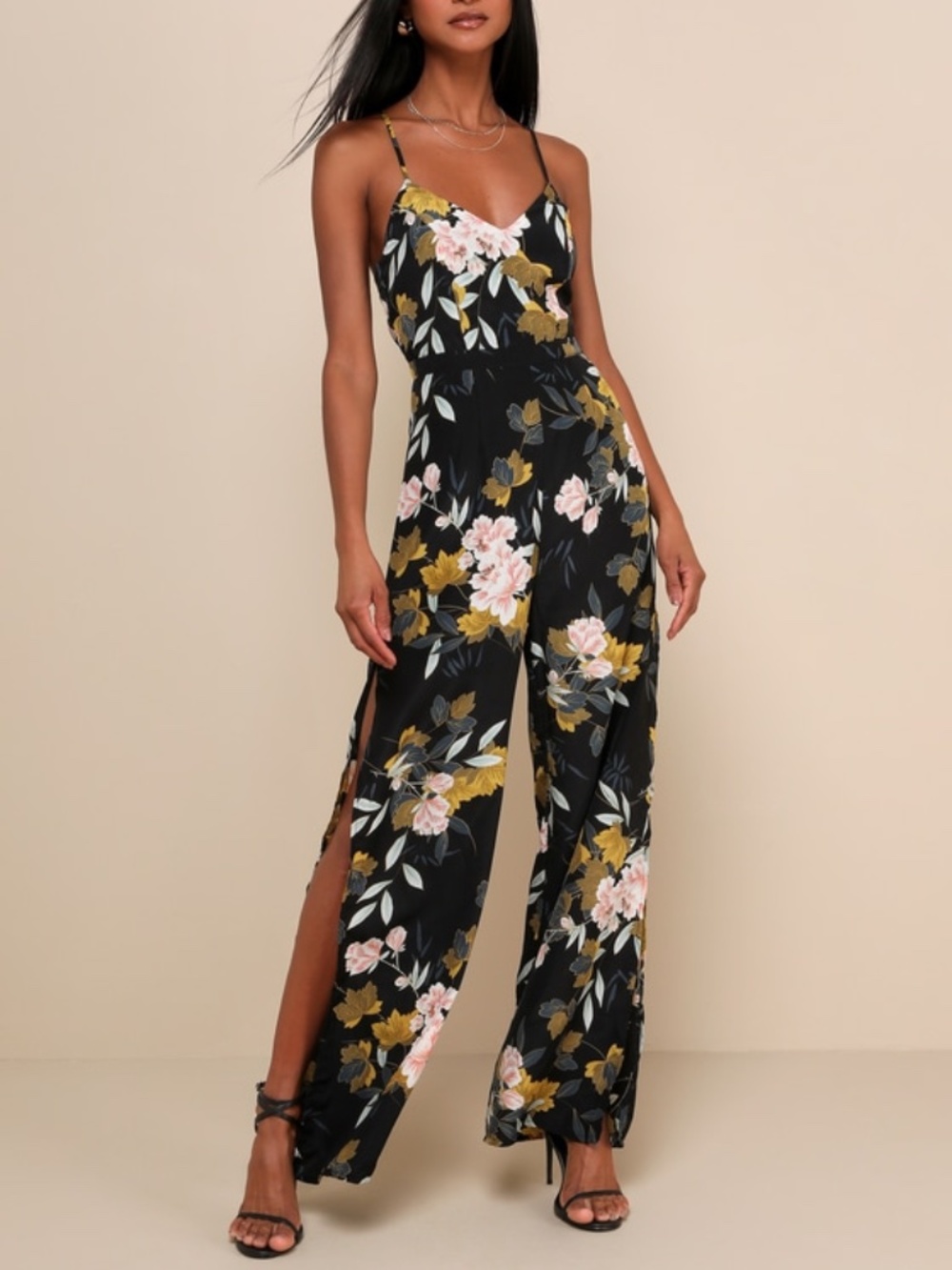 Lulus Beautiful Blooms Black Floral Print Wide-leg Jumpsuit - Size S